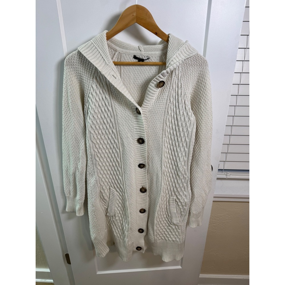 Nautica Womens Cream Cable Knit Hooded Cardigan Sweater Longline Button Front M